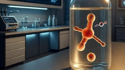 An experimental compound bottle in a longevity lab for healthspan experiments with chemical compounds on the monitor in the background