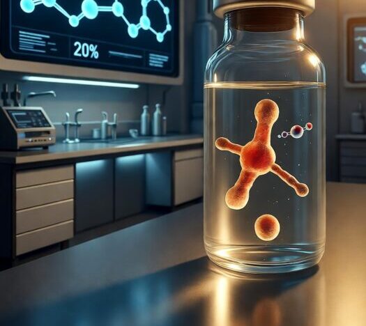 An experimental compound bottle in a longevity lab for healthspan experiments with chemical compounds on the monitor in the background