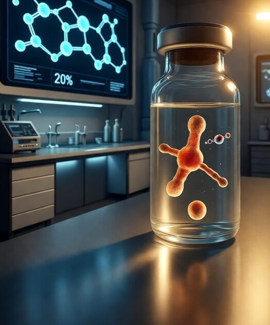 An experimental compound bottle in a longevity lab for healthspan experiments with chemical compounds on the monitor in the background