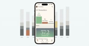 An iphone screen image of a Biological Age Dashboard with bar graph behind it