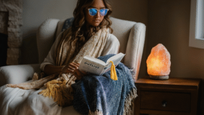 A woman with cool blue light glasses reads outline by peter attia at home next to a Himalayan salt lamp
