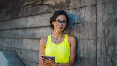 A longevity coach who is holding an ipad outside.