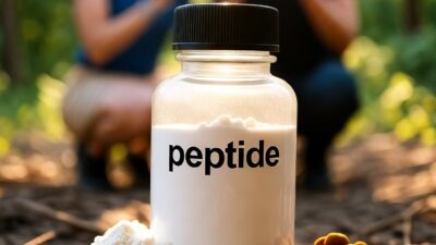 A bottle that says Peptide on a trail with two people in the background
