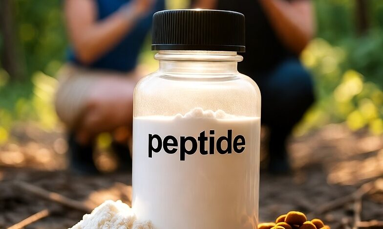 A bottle that says Peptide on a trail with two people in the background