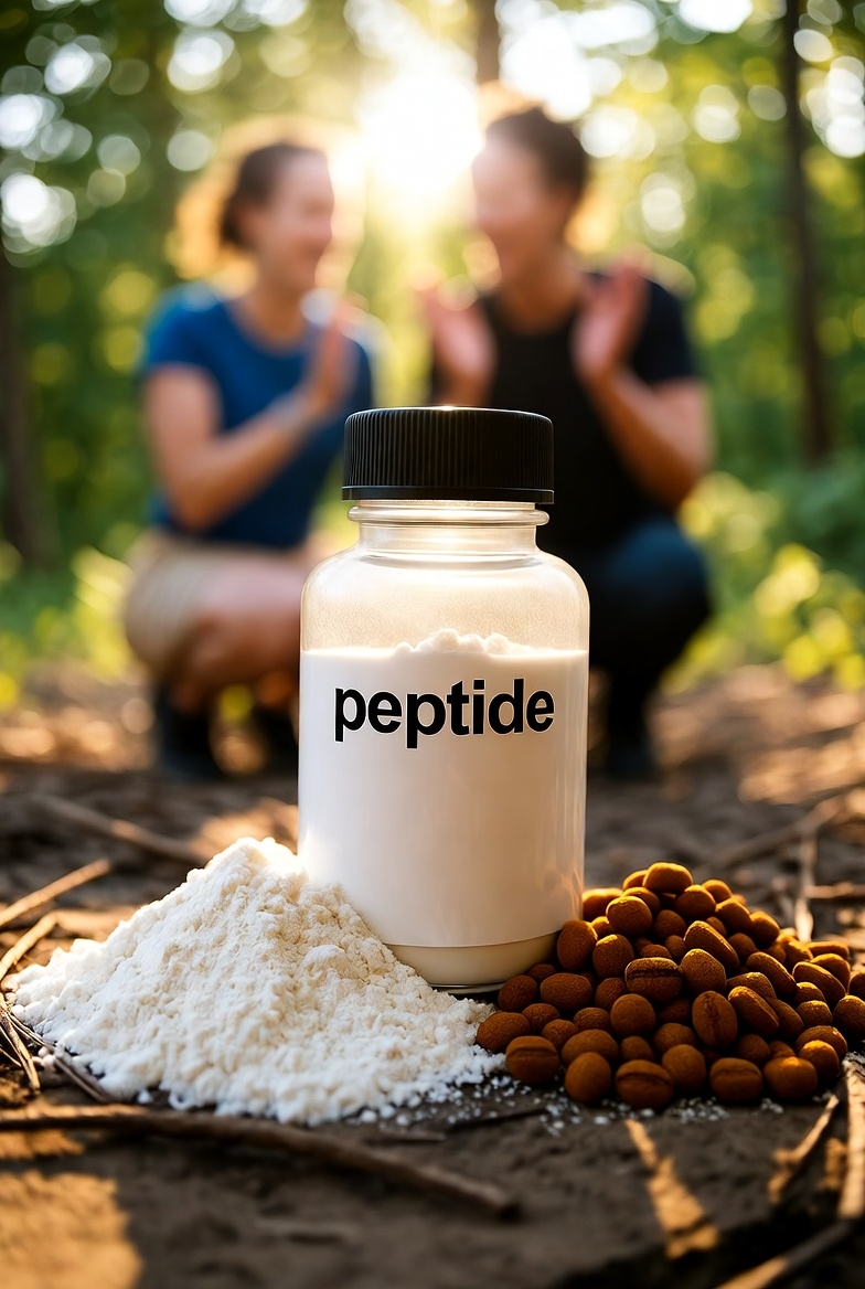 A bottle that says Peptide on a trail with two people in the background