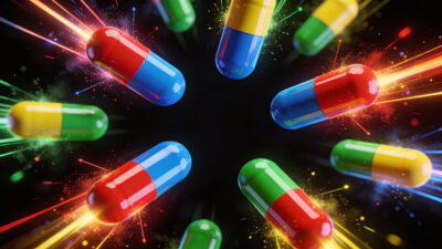 a collection of colorful and energized vitamins on a black background